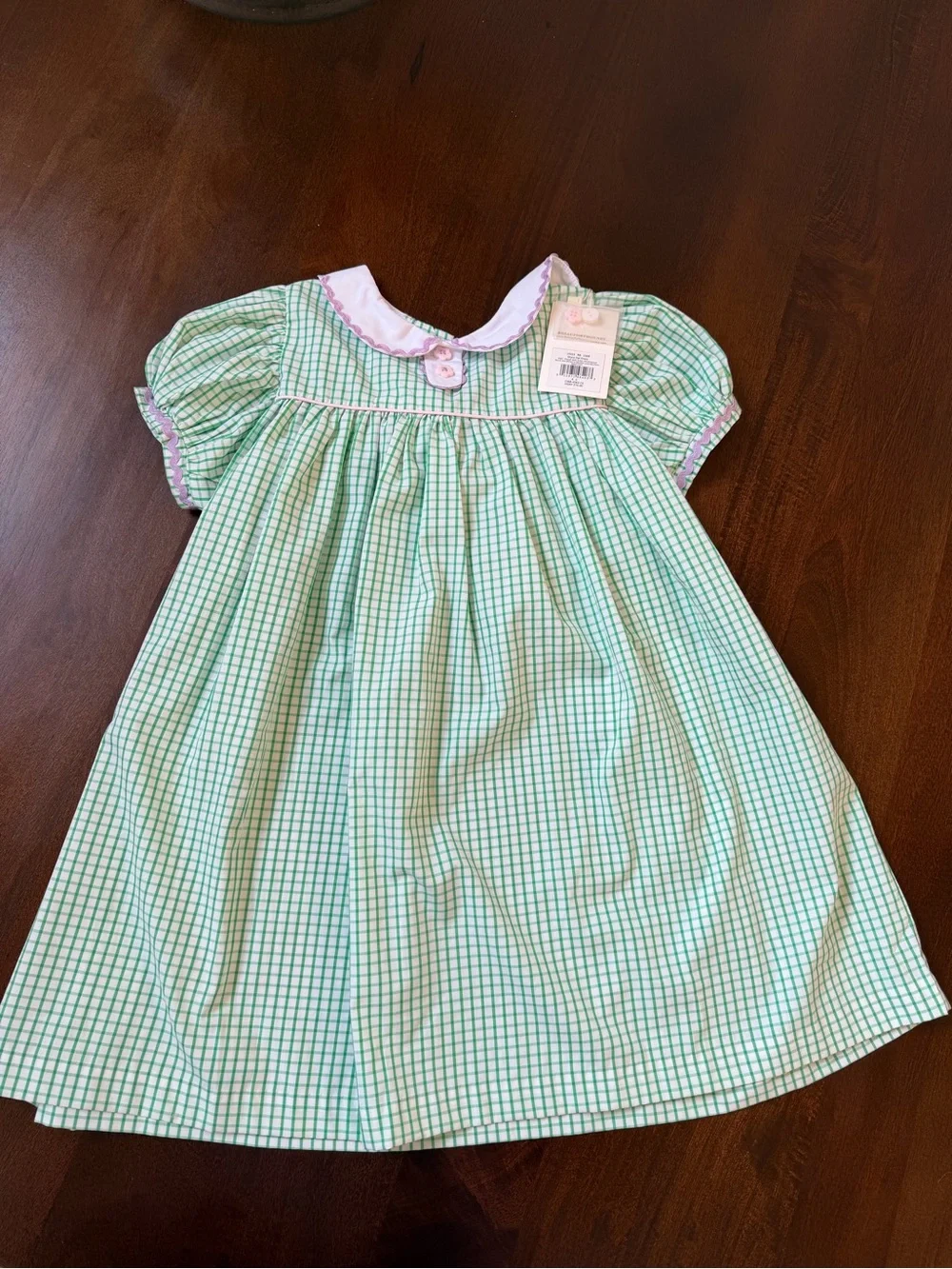 The Beaufort Bonnet Company Green Gingham Girls Dress with Pink Trim